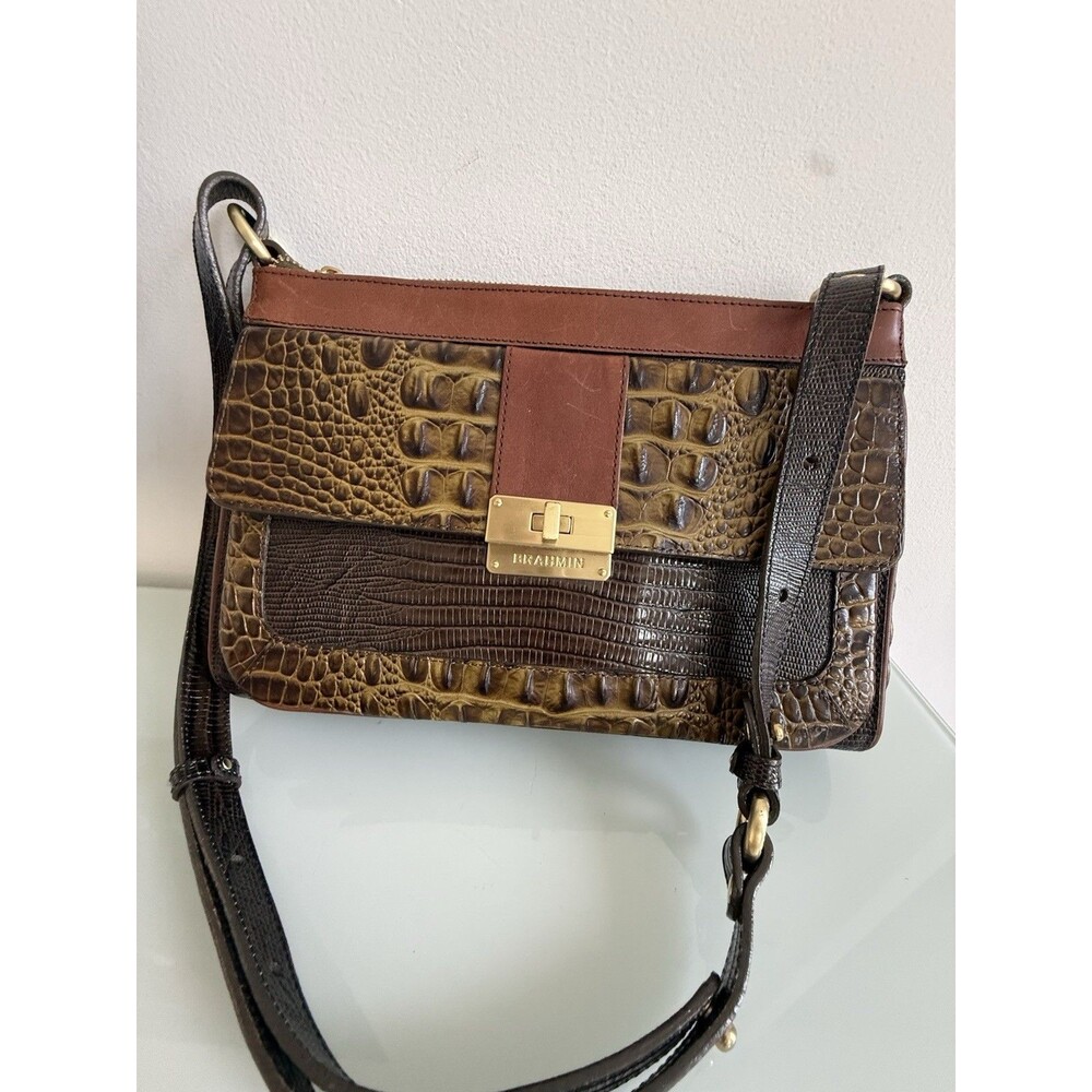 Brahmin Brown Croc Embossed Leather Crossbody Shoulder Bag Gold Hardware